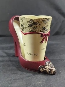 Vintage Miniatur 4,5" Burgunderrot Schwarz Weiß Spitze High Heel Schuhschale Badezimmer Dekor - Bild 1 von 17