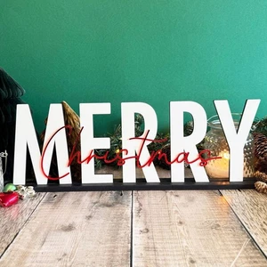Wooden Merry Christmas Sign with Stand | Festive Mantelpiece Decorations Custom - Picture 1 of 9