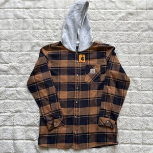 Carhartt Hoodie Boys Large 18-20 Flannel Plaid Tan Brown Black Lightweight - Picture 1 of 5