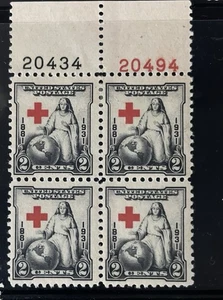 Scott 702, 2c Red Cross, Plate block/4, Top #s20494(R)/20434(B) MNH Free Ship - Picture 1 of 1