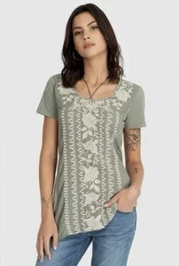 Johnny Was Tunic Top Size S Letty Embroidered Asymmetric Green Beige Lagenlook - Picture 1 of 13