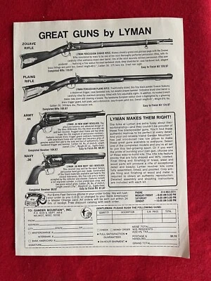 Vintage 1977 Print Ad Lyman Guns Navy .36 Army .44 Plains & Zouave Rifle Ad Foto 1 de 2