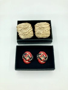 Vintage Lot Of 2 Pair Earrings - Red & Black Enamel Knot - Gold Tone Textured - Picture 1 of 6