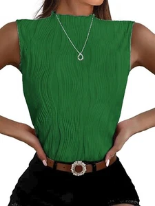 Women Summer Textured Tank Tops Sleeveless Mock Neck Tank Slim Fit Shirt Blouse - Picture 1 of 13