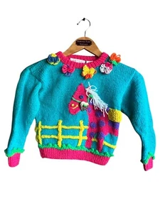 Vintage Rachel's Kids Blue Sweater Horse in Stables Colorful and Fun Size 4 -NEW - Picture 1 of 5