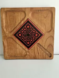 Vassoio da portata vintage legno duro intagliato a mano 10" mq 4 1/4" piastrelle ceramica intarsiato GIAPPONE - Foto 1 di 9