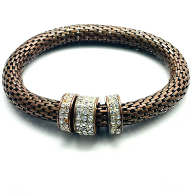 Brazalete de malla tono bronce anillo estrás detalles brillante fiesta navideña Foto 1 de 4