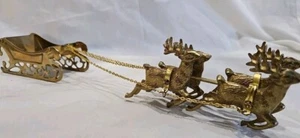 Brass 4 Reindeer & Sleigh Christmas Holiday Mantel Figurine Set Vintage - Picture 1 of 14
