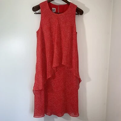 Vestido Anne Klein Mujer 14 Rojo Lunares Capas Gasa Midi Brillante Carrera Foto 1 de 4