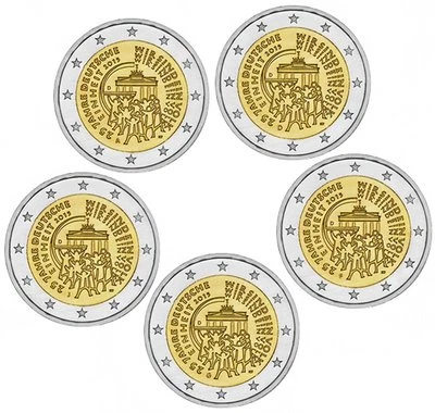 2015 Germany 5 x € 2 Euro UNC Coins German Unity 25 Years (All 5 Mint Marks) - Image 1 of 2