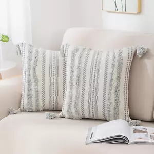 Decorative Boho Throw Pillow Covers 20X20 Set of 2, Accent Neutral Textured Tuft - Picture 1 of 12