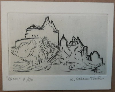 Gravure Cuivre SUZANNE TOURTE (1904-1979) Paysage Château Biron 20ex Carte Voeux - Photo 1/3