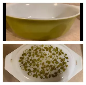 Pyrex # 043 Casseruola Ovale 1 1/2 Qt Bacche di Oliva Avocado Coperchio Verde USA Usato - Foto 1 di 6