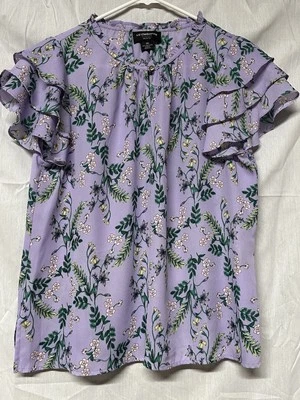 Liz Claiborne Career Petite Ladies Size PM Purple Floral Ruffle Sleeve Top - Image 1 of 4