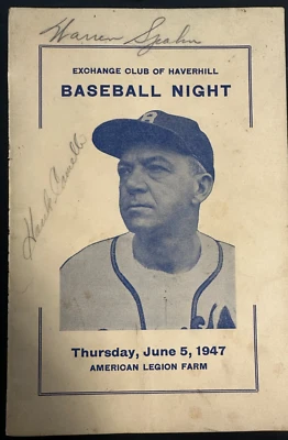 Warren Spahn & Hank Camelli Signed 6/6/1947 Haverhill MA Baseball Night Pamphlet - Изображение 1 из 2