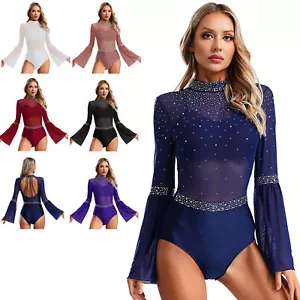 Womens Sheer Mesh Patchwork Leotard Rhinestone Bodysuit Dancewear Gymnastics - Picture 1 of 82