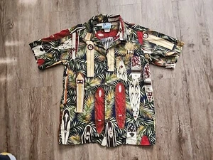 RJC Hawaiian Boys Size 10 Shirt Surf Boards Palm Trees Button-up EUC - Picture 1 of 4