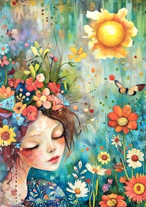 ACEO Artist Trading Card 2.5x3.5 Mini Art Print Girl Butterfly Flower Scene ATC - Picture 1 of 3