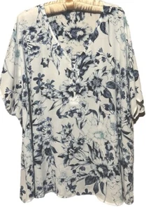 Maurices Top 3 White & Blue Floral Cottagecore Boho Silky Tunic Shirt Blouse 3X - Picture 1 of 4