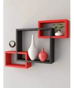 Intersect wall shelf, set of 3 wooden wall shelf (Red and Black) - Picture 1 of 6