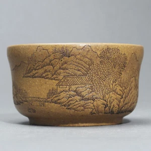3.3" China Yixing Zisha Pottery Yellow Jiang Po Clay Mountain Village Cup - Picture 1 of 16