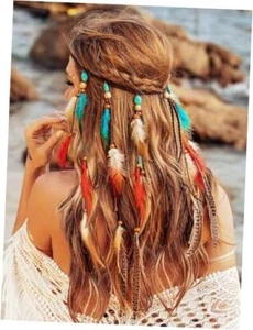 Boho Feather Headband Hippie Headpiece White Gypsy Costume Headband A-Blue+Red - Picture 1 of 7