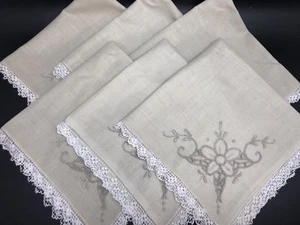 Vintage Set 6 Madeira Style Hand- Embroidered Ecru 15" Napkins w/ Lace (RF914) - Picture 1 of 6