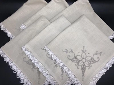 Vintage Set 6 Madeira Style Hand- Embroidered Ecru 15" Napkins w/ Lace (RF914) - Image 1 of 4
