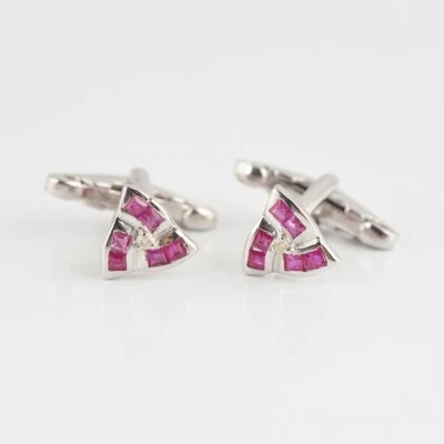 925 Sterling Silver Square Cut Pink Ruby Gemstone Men's Cuff-links - Image 1 of 3