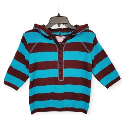 VTG Hooded Sweater Womens Juniors L Wool Acrylic Teal Blue Brown Stripe 90s Y2K - Image 1 of 4