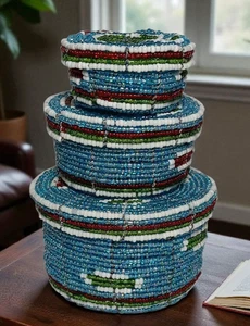 Juego de 3 cestas de anidación Masai con cuentas a mano azul Kenia Tanzania idea de regalo - Imagen 1 de 10