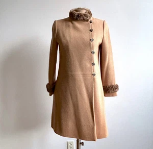 VTG S.J. Buchman Tan Wool Tailored Mod Park Avenue Coat Fur Trim sz XS 1960s - Picture 1 of 10