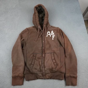 Abercrombie & Fitch Jacket Mens Medium Brown Wolf Jaw Hoodie Sherpa Lined Zip - Picture 1 of 13