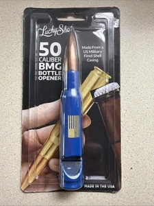 Apribottiglie BMG Lucky Shot calibro 50 militare made in USA ottone nuovo blu con bandiera - Foto 1 di 3
