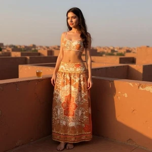 House of Harlow 1960 Maxi Rock XS Leinen Boho Paisley Medaillon orange creme - Bild 1 von 17