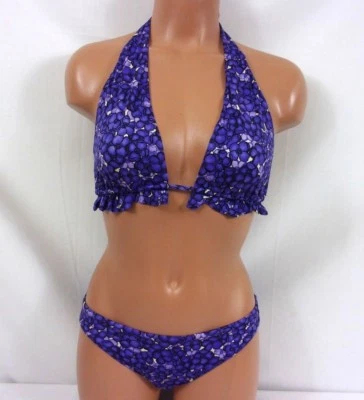 Sauvage Luxe Floral Print Ruffle Accent Halter Bikini Small Purple 1098L - Image 1 of 3