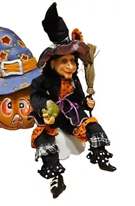 19.5"Whimsical Witch Frog Broom Doll Figure Retro Halloween Decor Posa - Picture 1 of 10
