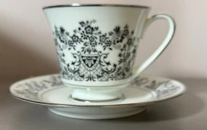 Noritake Cup and Saucer Geneva 6910 Black White Silver Trim Japan - Picture 1 of 7