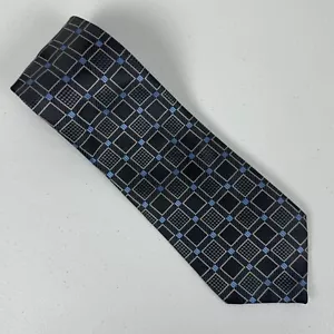 Cravatta uomo Kai lunga 58” 100% seta fatta a mano grigio blu quadrati geometrici larghezza 3,5” - Foto 1 di 5