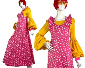 1970s vintage novelty print pinafore maxi dress / Mod / ruffles / 60s / hippie - Picture 1 of 10