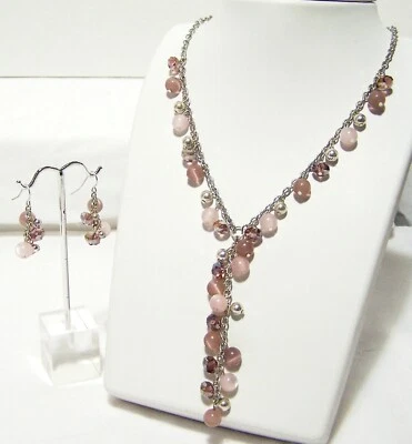 Set NEVER WORN Silver Tone Pink and Lavender NECKLACE and Pierced EARRINGS - Image 1 of 4