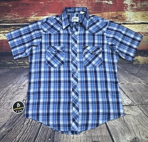 Vtg Lee Pearl Snap Shirt Mens XL Western Cowboy Short Sleeve Blue Plaid USA - Picture 1 of 9