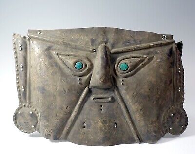 REPRO Vintage Lambayeque /Moche Pre Columbian Metal Inlaid Thin Face Mummy Mask • 271.89$
