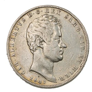 ITALIA REGNO DI SARDEGNA Carlo Alberto 5 Lire 1847 Genova - Picture 1 of 2