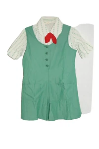Vintage Girl Scout Uniform Jumper Green White Shirt Sz 10 Romper Tie USA Costume - Picture 1 of 8