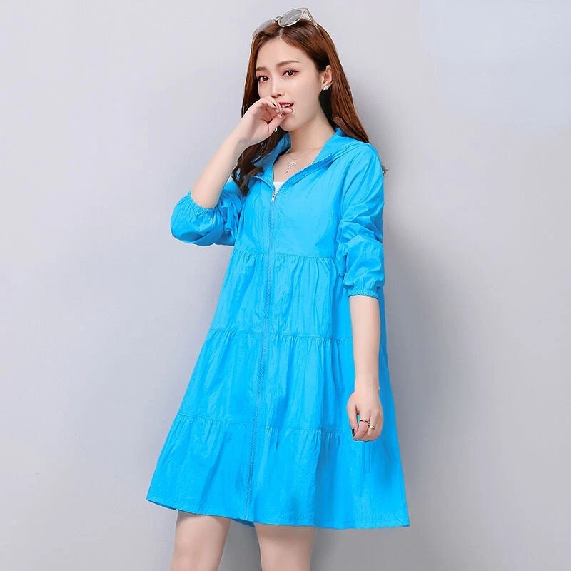 Summer Women Hooded Dust Coat Windbreaker Zip Midi Jacket Loose Thin Top Fashion - Image 1 of 4