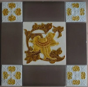 JUEGO EUROPEO ANTIGUO ART NOUVEAU MAYÓLICA 9 AZULEJOS C1900 - Imagen 1 de 4