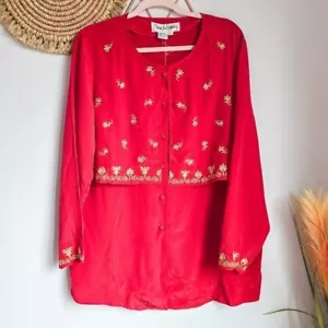 Diane Von Furstenberg, New, DVF Red Embroidered Silk Tunic Blouse, Size Large - Picture 1 of 12
