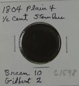 C1598 Stati Uniti Half Cent 1804, Plain 4, Stemless, Breen 10 - Foto 1 di 4