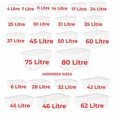Clear Plastic Storage Boxes With Lids UK BRITISH MADE Box Stackable Home Office - Image 1 of 4